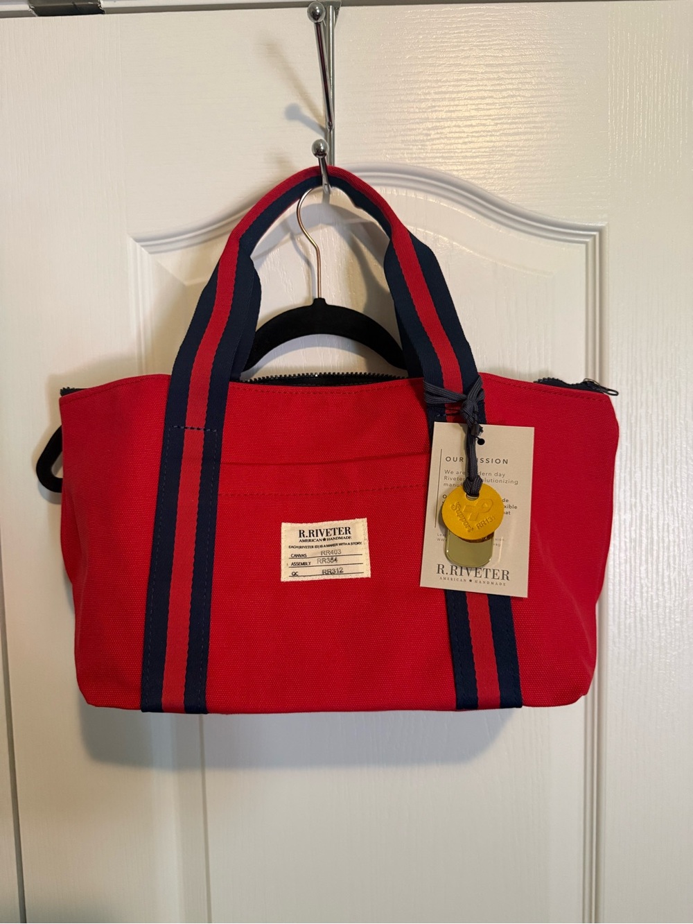 R. Riveter Red Canvas Tote with Navy Stripe Handles